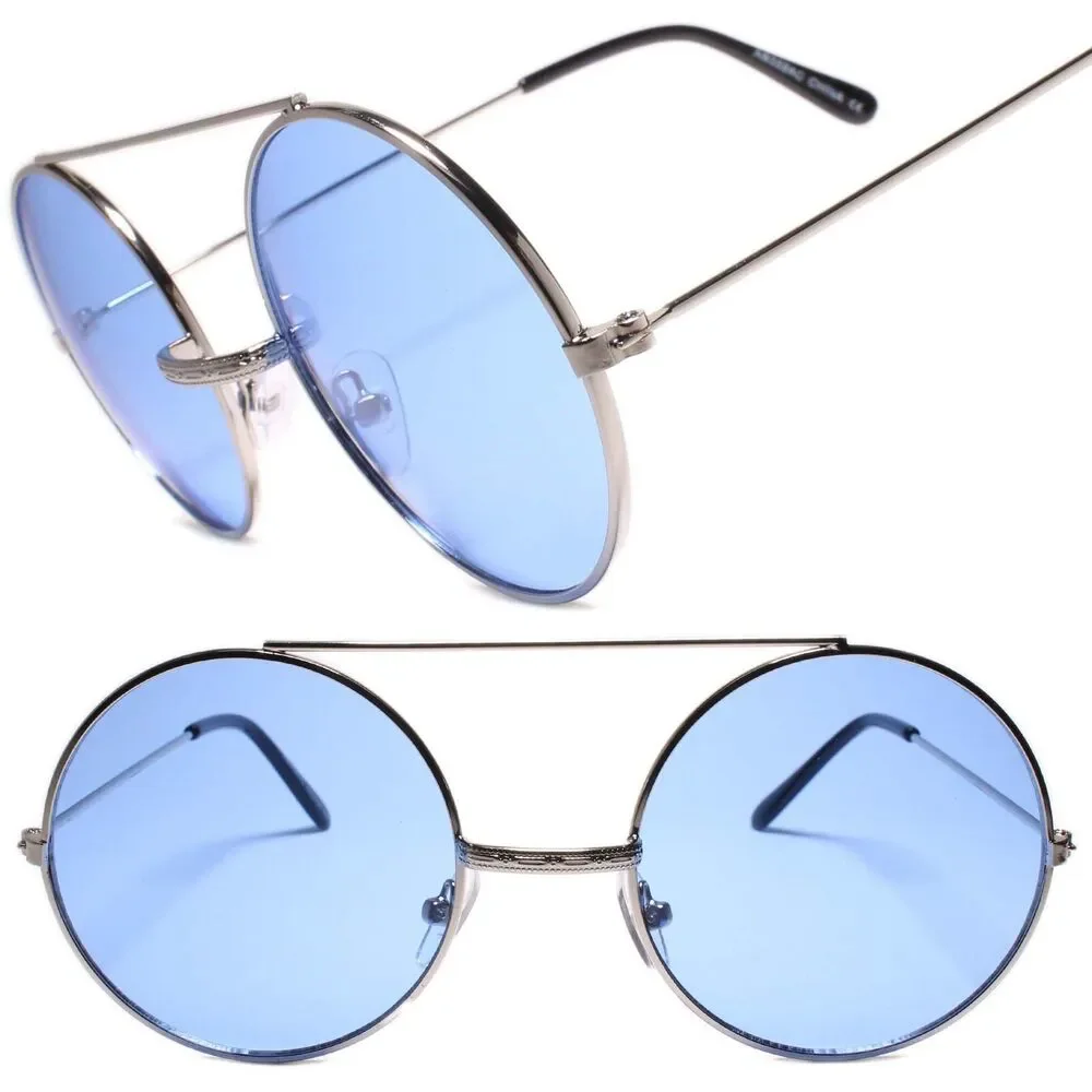Men Classic Retro Hip Style Sunglasses Round w/ Brow Bar Silver Frame Blue Lens